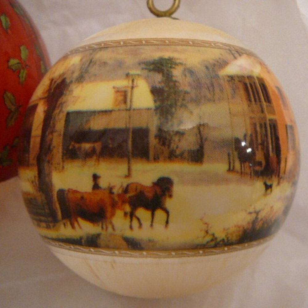 Currier & Ives Winter In The Country  & Mark Alvin Satin Christmas Ornaments
